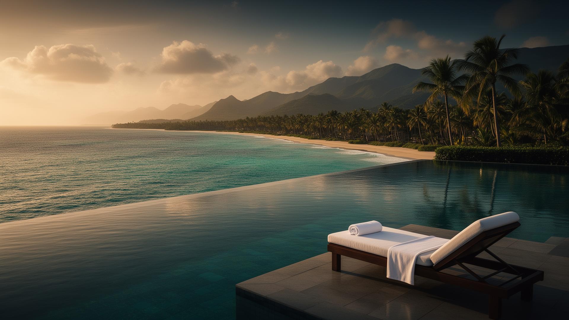 Cinematic luxury infinity pool overlooking the ocean at golden hour